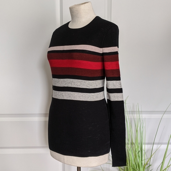 360 Sweater Knit Crew Neck Long Sleeve Striped Fitted Black Red White M NWT - Picture 10 of 12